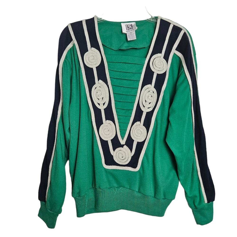 Vintage Petite Sophisticate Sport Green & Blue Coil Swirl V Sweatshirt Size P